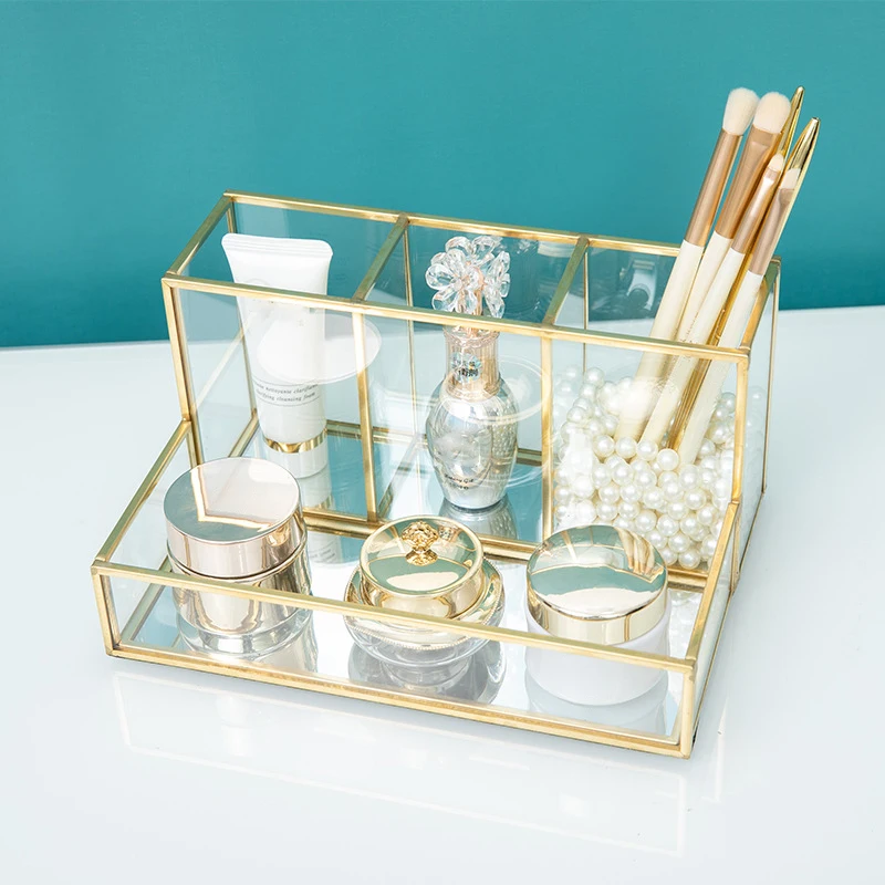 

FQYL Metal Glass Decorative Cabinet Decorative Box Clear Drawer Storage Vintage Jewelry Organizer Cosmetic Storage Cabinet