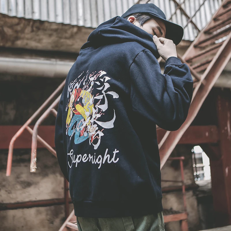 

Japanese harajuku Fleece Hoodies Sweatshirts Chinese characters Exaggeratio Casual Pullover Hooded Streetwear Hip Hop Tops