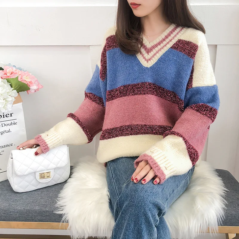 0.5 New Arrival Fashion Korean Spring Autumn Knitted Women Rainbow Sweater V-neck Light Striped hole design Batwing pullover | Женская