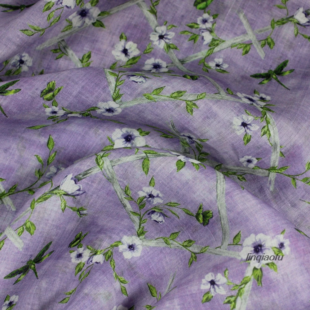 

Original design transparent light purple lattice pure ramie printed fabric