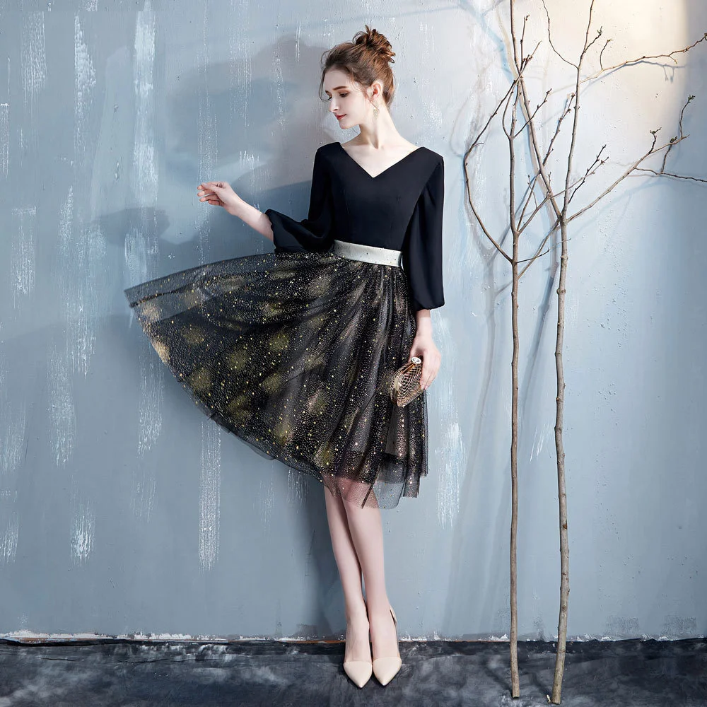 

New Black Long-sleeved Evening Dress, Short Style, Fashionable, Simple, Generous And Dignified