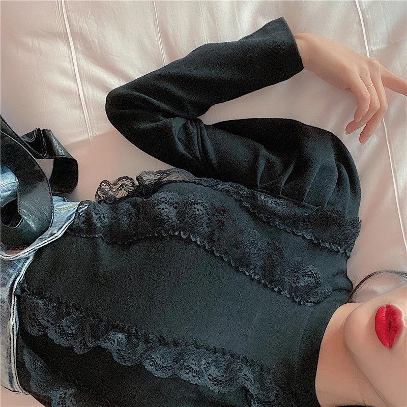 

O-neck Puff Long Sleeve Sweater New Korean Lace Ruffle Patchwork Pullover 2021 Autumn Winter Women Baisc Tops