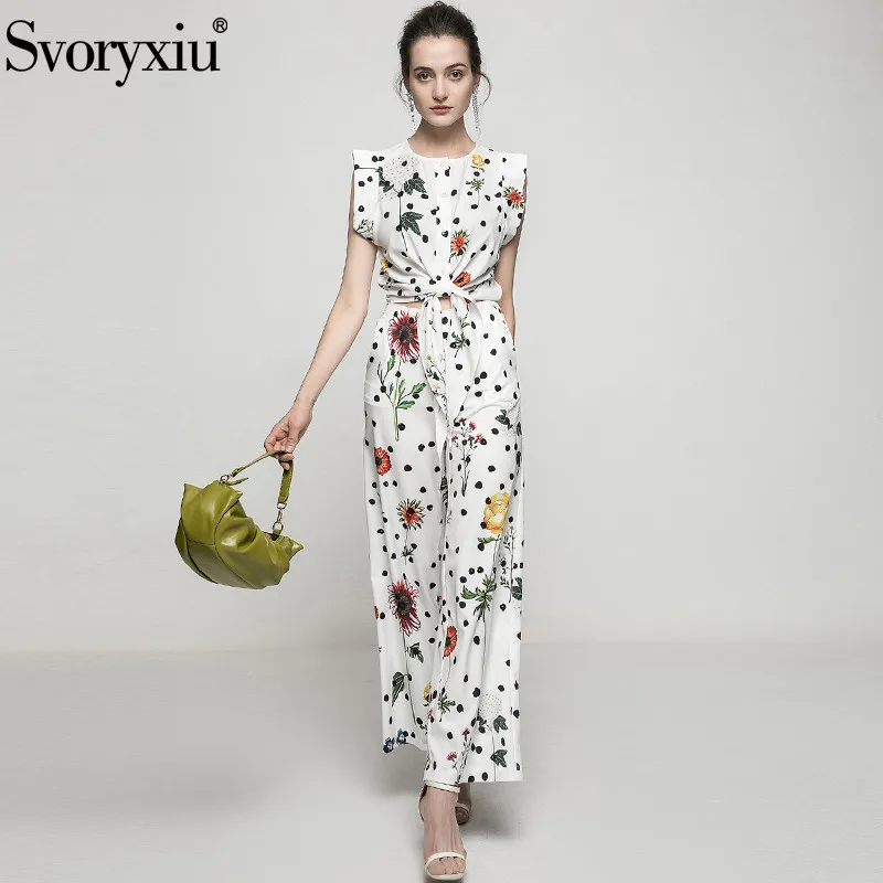 

Svoryxiu 2021New Designer Fashion Summer Pants Suits Women's Sleeveless Polka Dot Flower Print Tops + Pants Two Piece Setew