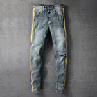 Модные дизайнерские Цвет полосатые Мужские джинсы брюки стрейч Slim Fit размера плюс вечерние для танцев в стиле хип-хоп Rip синие джинсы Брендовые брюки среднего размера Стиль