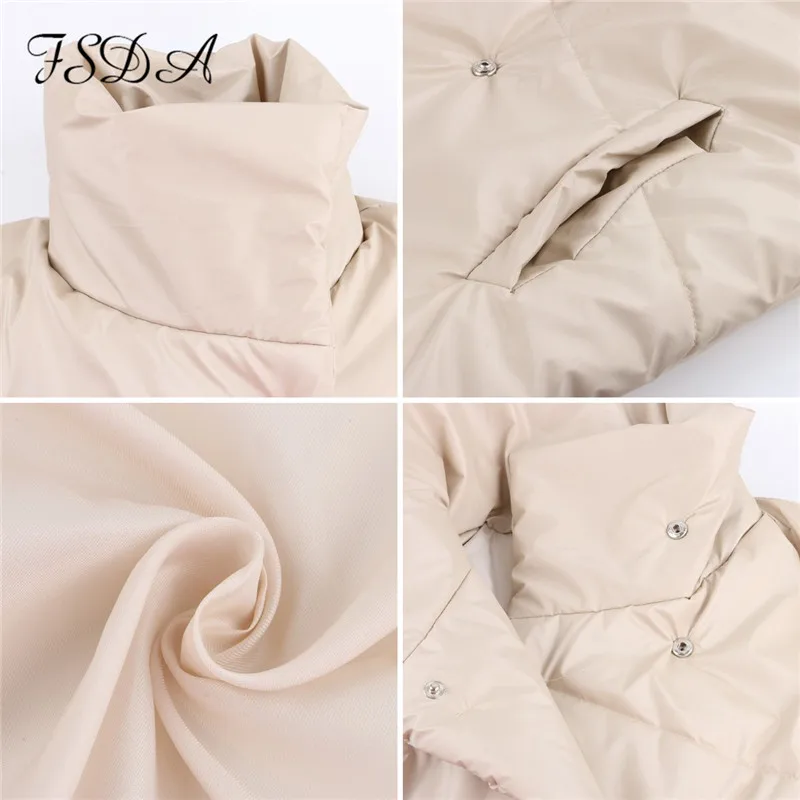 

FSDA Autumn Winter Women Coat Jacket Parkas Warm With Belt Casual 2020 Loose Pocket Bubble Khaki Sashes Short Jackets Thick