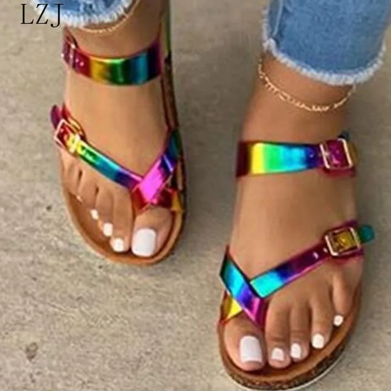 

2021 Girl Drop Shipping Muticolor Sandals Open Toe Flip Flop Rainbow Platform Sandals Women Casual Beach Buckle Shoes Woman