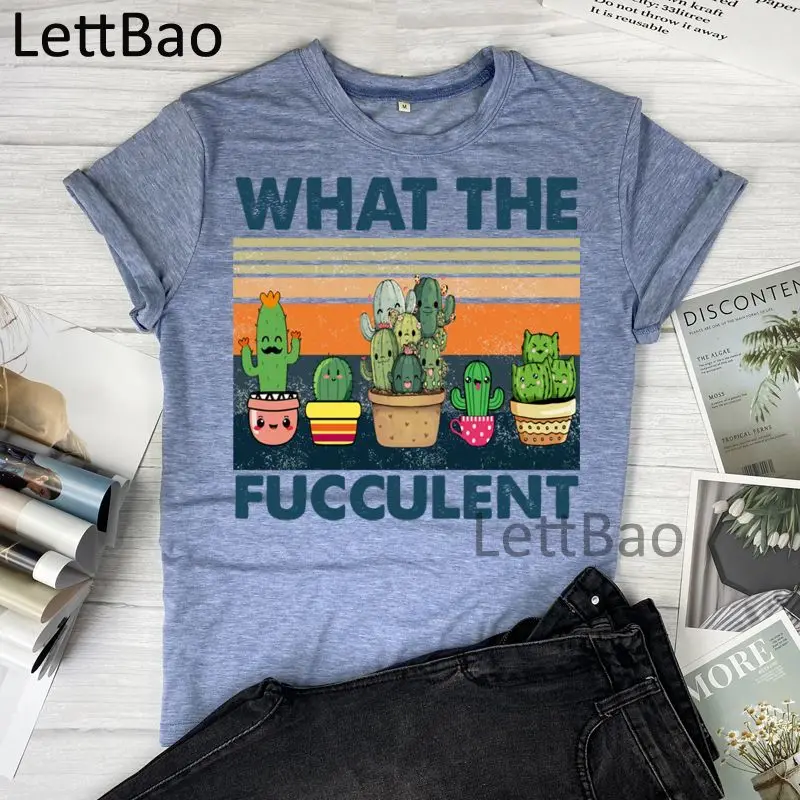 

Cactus What The Fucculent T Shirt Women Funny Graphic Print Koreanstyle Clothing Top Ulzzang Cotton O Neck T-shirt Tops Tees