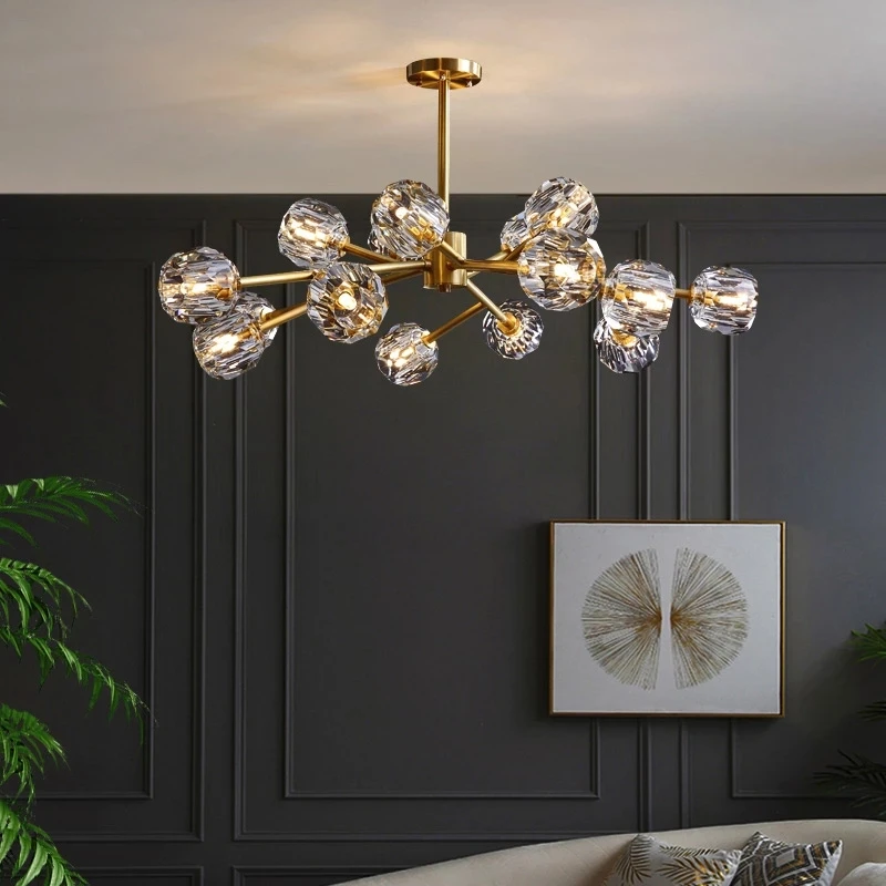 

All-copper Post-modern Led Chandelier Simple Light Luxury Crystal Living Room Lamp Personality Restaurant Creative Bedroom Lamps