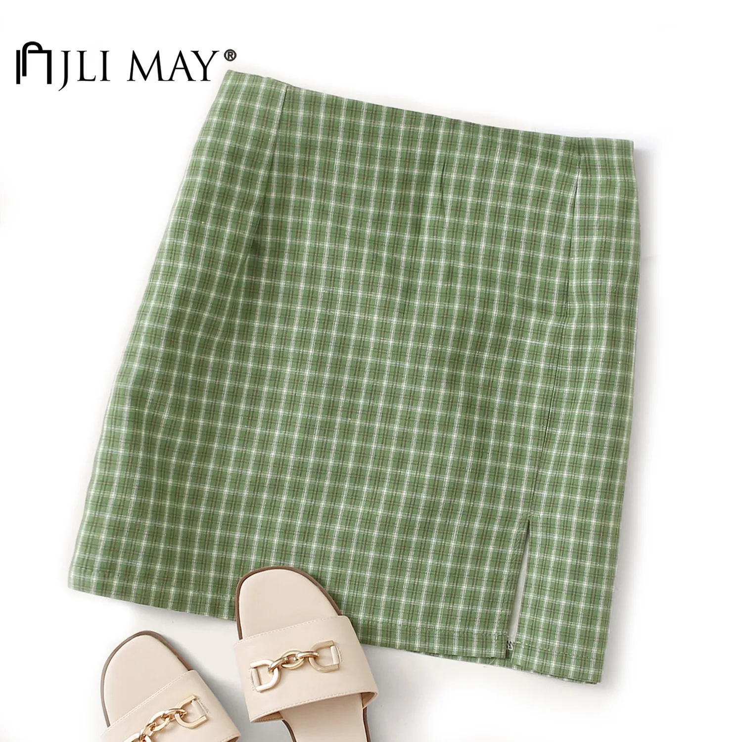 

JLI MAY Women Plaid Mini Skirts Cotton Casual Sweet Empire A-Line Summer Split Slim Short Skirt Girls