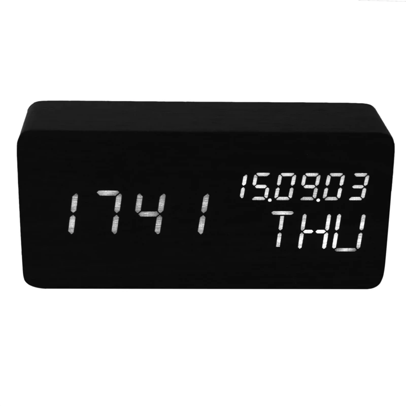 

New Modern Wooden Led Alarm Clock Sound Control Temperature Humidity Data Desktop Digital USB Battery Table Clocks
