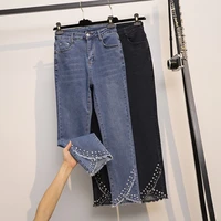 splicing spring jeans plus size women clothing beading fringed big pocket zipper korean fashion womens casual flared pants 4xl