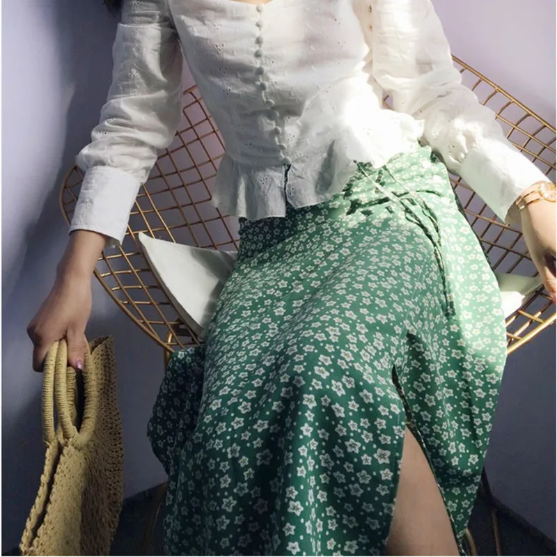 Женская 100% вискоза узор в горошек боковые пуговицы высокая талия миди длина