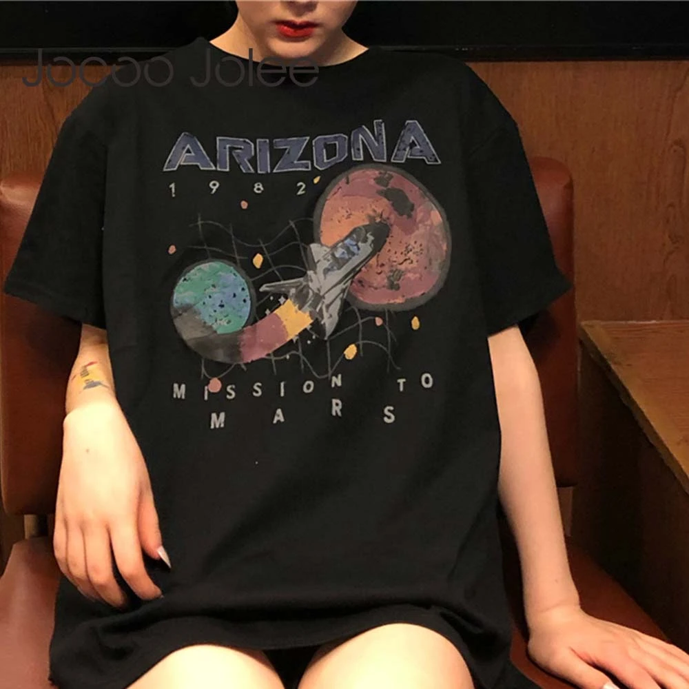

Jocoo Jolee Women Vintage Loose T Shirts Summer Korean Harajuku Short Sleeve Restore Star Airship Print Tee Shirts Casual Tops