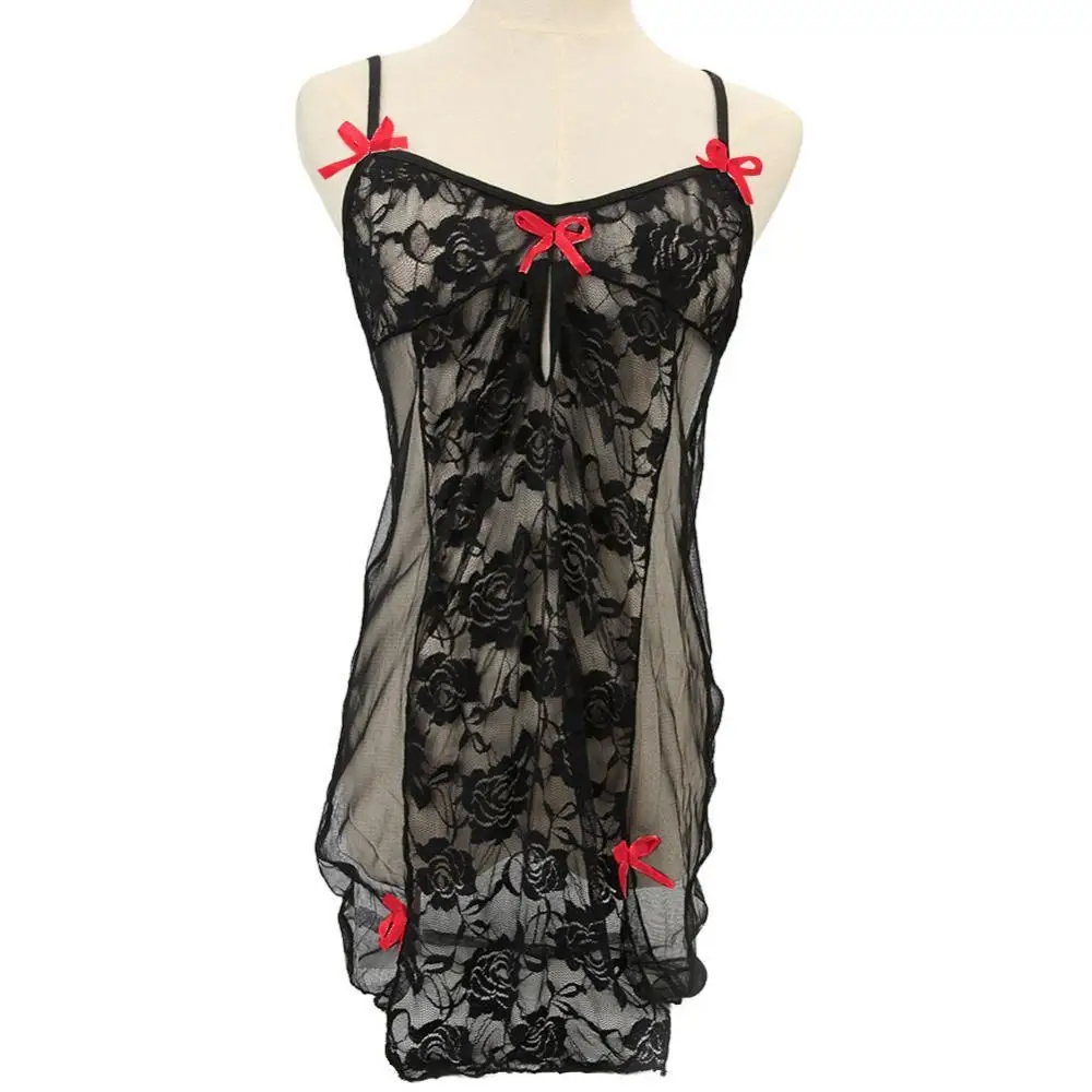 

Women's Sexy Deep V Neck See Through Bowknot Decor Nightwear Sleepwear Dress