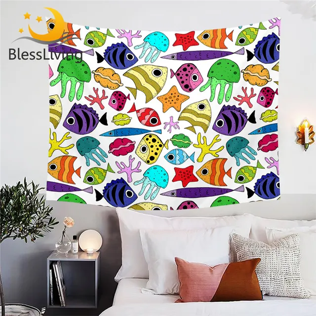 BlessLiving Fish Tapestry Cartoon Animal Wall Hanging Marine Creature Home Decoration Colorful Tapisserie 150x200cm Picnic Mat 1