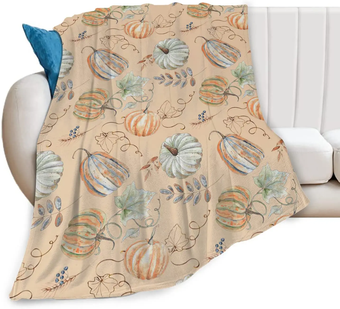 Manta de decoraci&oacute;n de oto&ntilde;o para el hogar, manta polar de franela con hojas de calabaza, superc&aacute;lida, para sof&aacute; y sala de estar-5