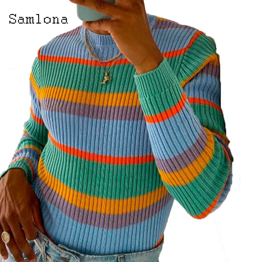 

Samlona Knitting Sweater Mens Autumn 2020 Leisure Casual Long Sleeve O-neck Striped Sweaters Pullovers Male Winter Warm Clothes