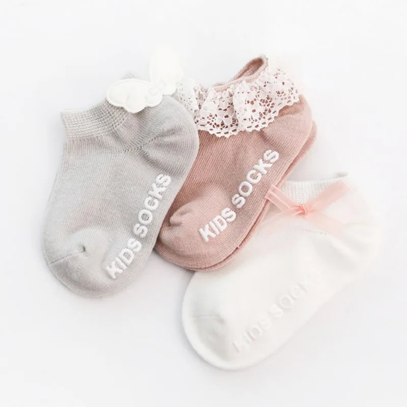Calcetines cortos de algod&oacute;n para ni&ntilde;os y ni&ntilde;as, medias antideslizantes y transpirables con lazo de encaje, 3 unidades-4