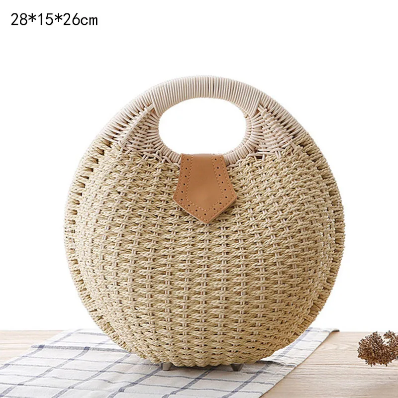 BT501Beige Соломенная Сумка, женская сумка, пляжная сумка через плечо, ручная работа, тканая, летняя, для путешествий, для дам, круглая, из ротанга, сумки, женские сумки - Цвет: BT501Beige
