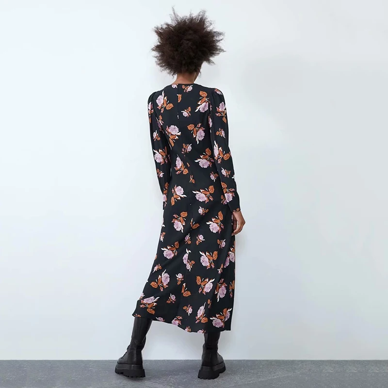 Женское платье с длинным рукавом ZA свободное элегантное шикарное цветочным