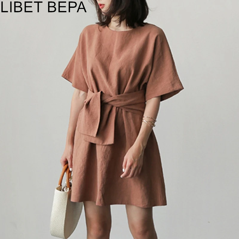 Женское Плиссированное мини-платье повседневное хлопково-льняное платье с