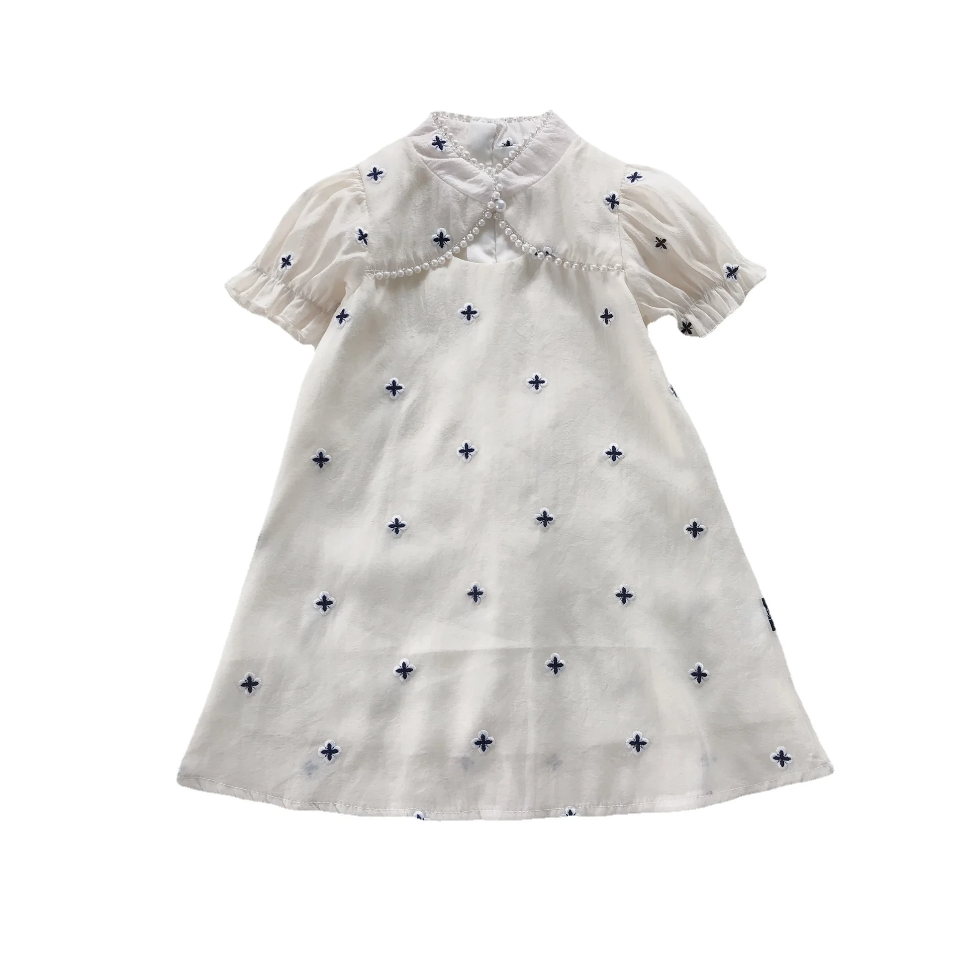 

2021 Girls Summer Stand Collar Short Sleeve Embroidered Pearl Dress Kids Dresses for Girls