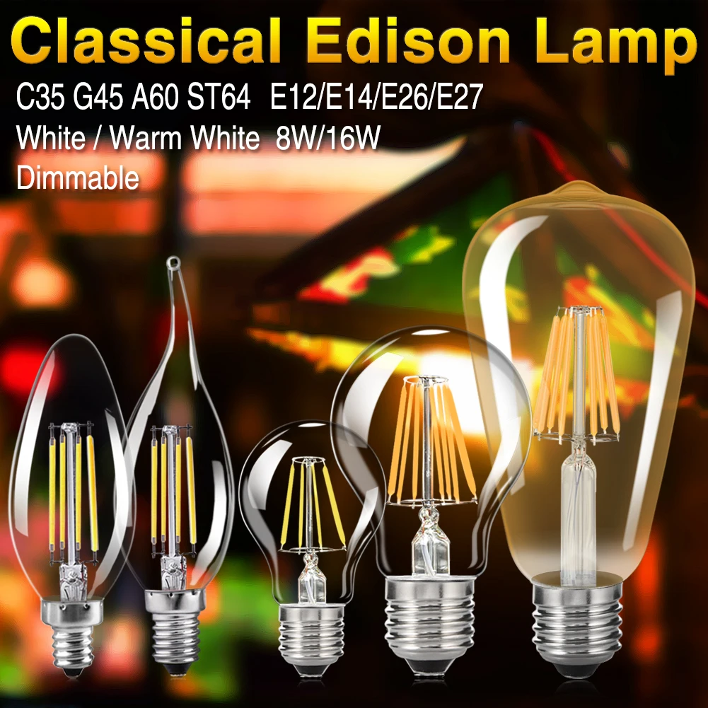 

Диммисветодиодный емая Светодиодная лампа накаливания Эдисона, винтажный стеклянный светильник с лампочками E27 8-16 Вт C35/G45/A60/ST64, 12 шт.