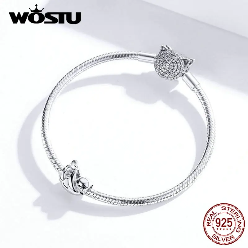 WOSTU 925 пробы, Серебряный ленивый Ленивец, бусины, животные, подвески, подходят для оригинального браслета, кулон для женщин, изготовление ювелирных изделий CTC109