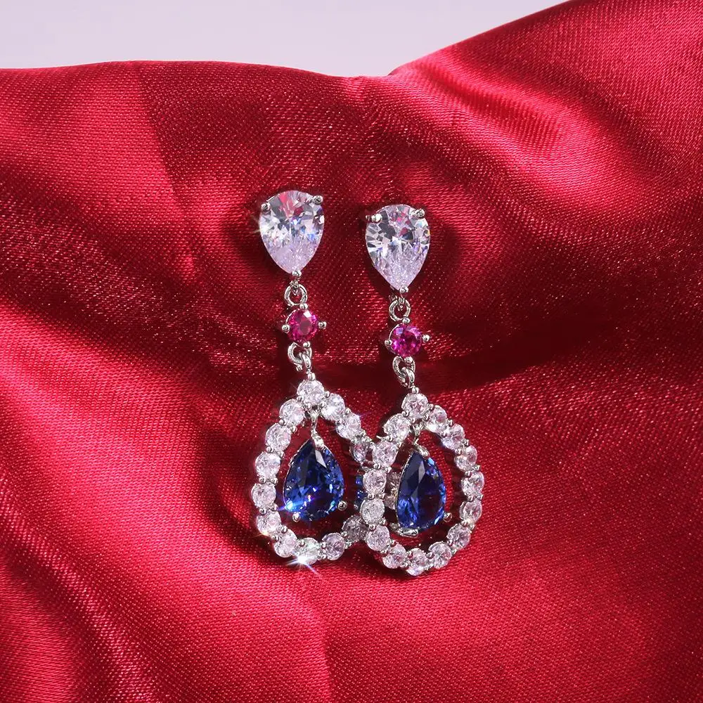 

Loredana Fashion Jewelry Dreamy Series Earrings For Women.Romantic Gift Blue Red Water Drop Zircon Claw Set Wedding Earring.