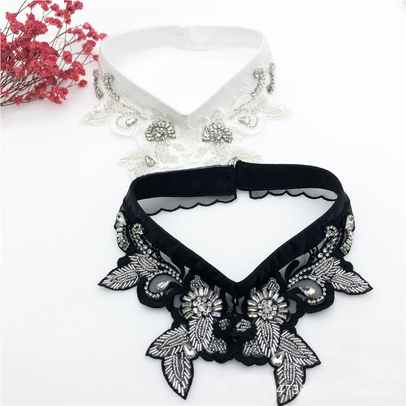 

Organza Handmade Sewing Beads Elegant Beading Rhinestone Fake False Collar Choker Fashion Black WhiteDetachable Necktie Collars