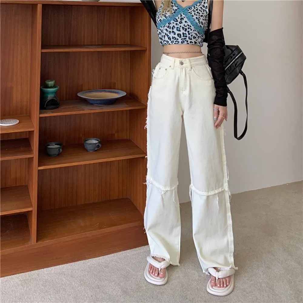 

White Wide Jeans Baggy Pockets Zipper Cargo Pants Y2K Aesthetic Deinm Pants Fahion Mom Pants Women Korean Vintage Trousers