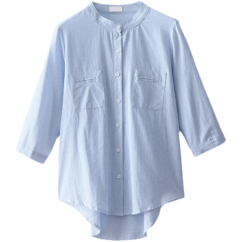 

COIGARSAM Half Sleeve Shirt Womens tops New Striped Loose Stand Neck Women shirts Blue 1087