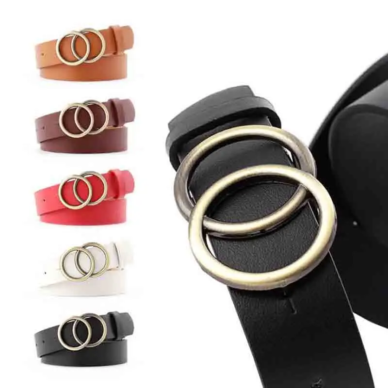 

Double Ring Women Belt Fashion Waist Belt PU Leather Metal Buckle Heart Pin Belts For Ladies Leisure Dress Jeans Wild Waistband