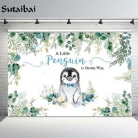a little penguin is on the way baby shower backdrop flower green leaves newborn boy birthday party photo background photography