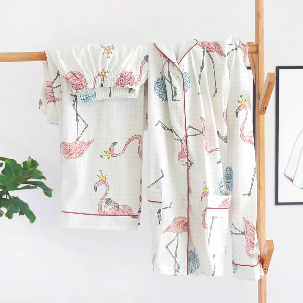 Women Cotton Homewear Pajamas Sets Long-Sleeved Trousers Ladies Pajamas Suit Flamingo Print Style Lovely Home  Wear ouc534