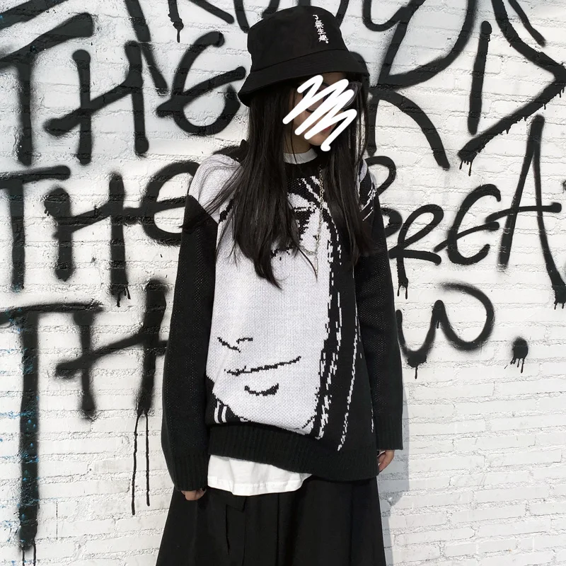 Свитер женский осенний вязаный с круглым вырезом и длинным рукавом рисунком