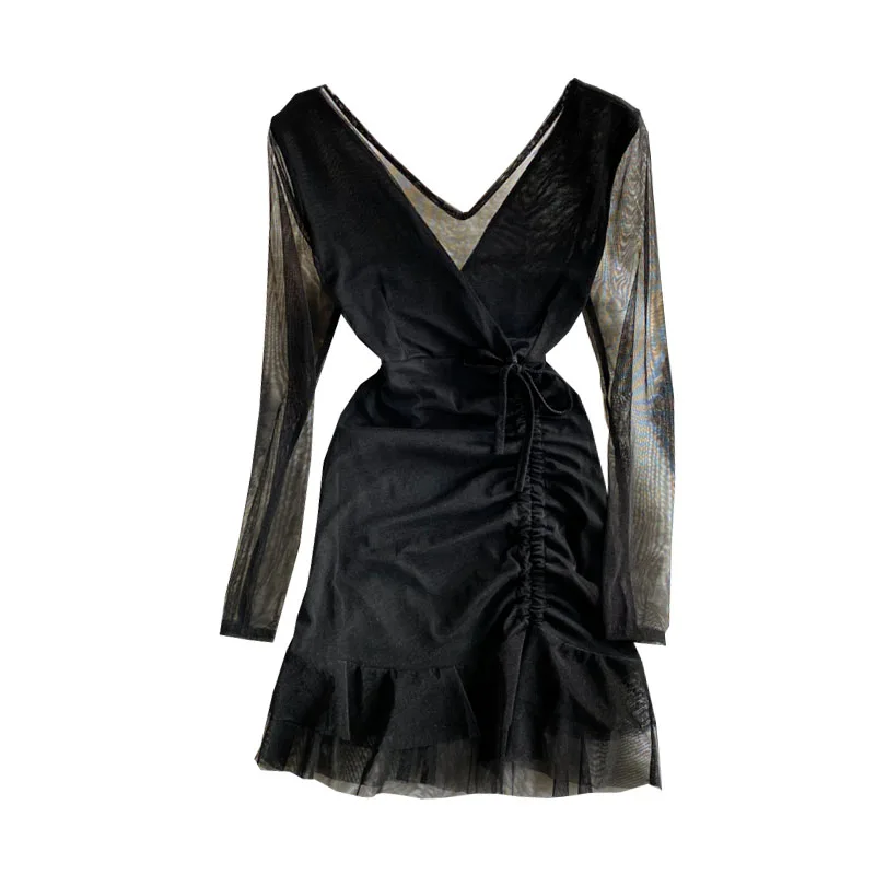 

2021 summer lady's temperament deep V-neck low chest slim wrap buttocks short mesh Long Sleeve Ruffle Dress