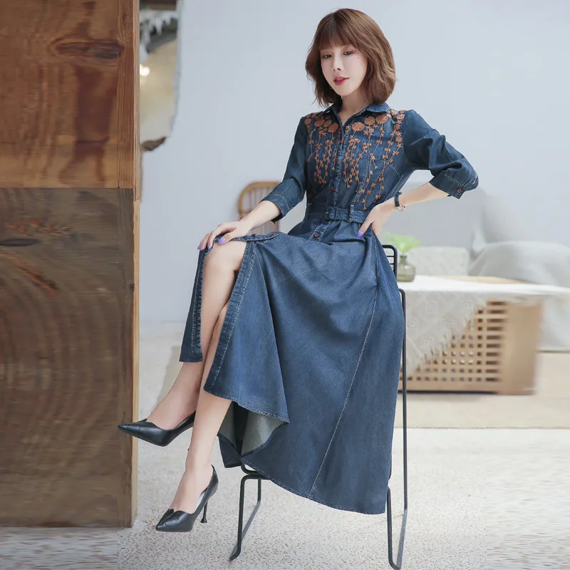 

Винтажное джинсовое платье с вышивкой, осень 2020, женские облегающие платья SN2259, платье-трапеция с коротким рукавом и поясом, женские платья ...