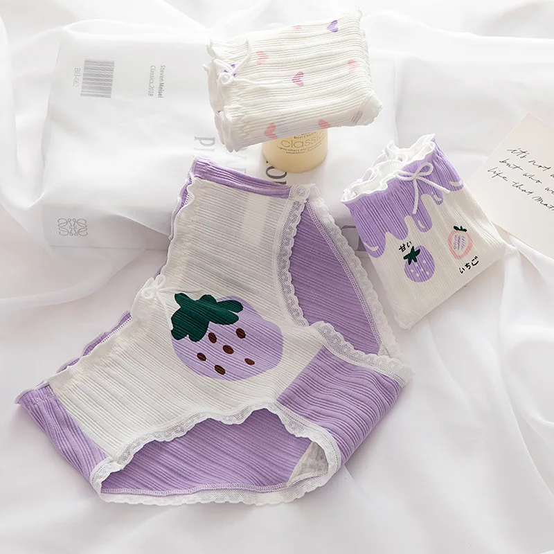 

Summer Romantic Lavender Purple Cotton Women Underwear Strawberry Print Underwear Student Mid-waist Lace Briefs with Ruffles