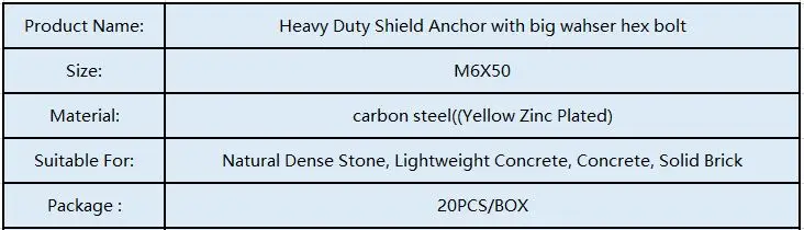 M6X50 сплошная стена Heavy duty бетонная плита щит якорь с большой шайба болт с шестигранной головкой 20 шт./кор