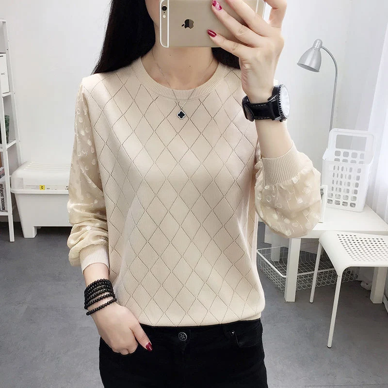 

Spring Summer Style Women Knitted Pullover Sweater Lady Casual Long Sleeve Lace Patchwork Knitted Outwear Pullover Tops ZZ0927