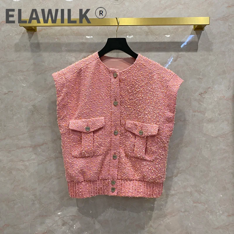 

Europe style new designer women's High quality 100% silk lining sleeveless O-neck tweed jackets C766