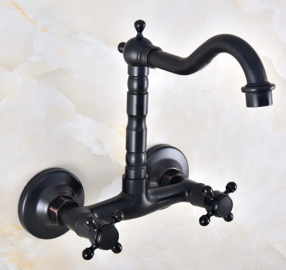 

Black Oil Rubbed Brass Double Hole Cross Handle Kitchen Bathroom Basin Faucet Sink Mixer Hot / Cold Tap Swivel Spout 360' dnf819