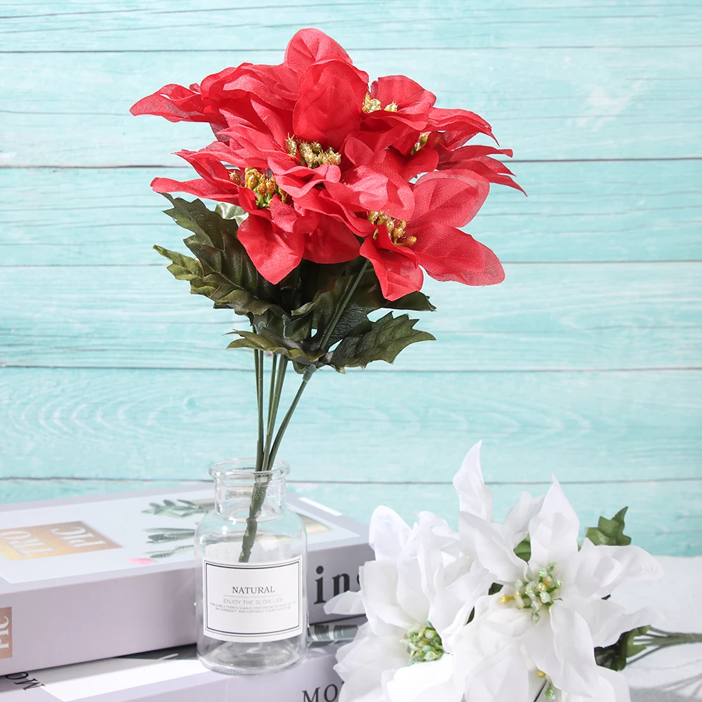 7 голов реальные на ощупь искусственные рождественские цветы красные