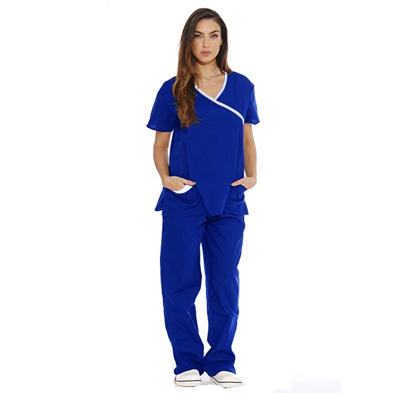 sapphire blue SET Новые медицинские скрабы с коротким рукавом Макет Обертывание Скраб Enfermagem без морщин боковое отверстие униформа медсестры топ+ брюки санитара - Цвет: sapphire blue SET