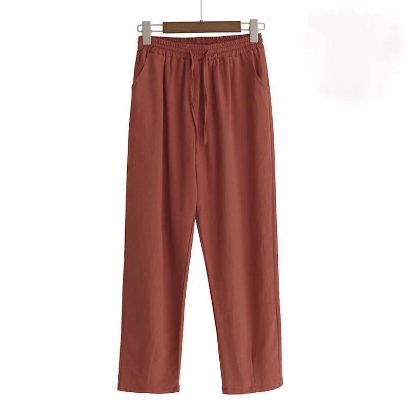 Брюки женские хлопково-льняные с завышенной талией повседневные свободные
