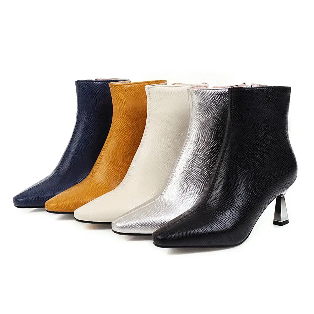

2020 Women Boots Fashion Sexy Zipper Thin High Heel Pointed Toe Autumn Winter Ankle Boots white yellow black silver Size 34-43