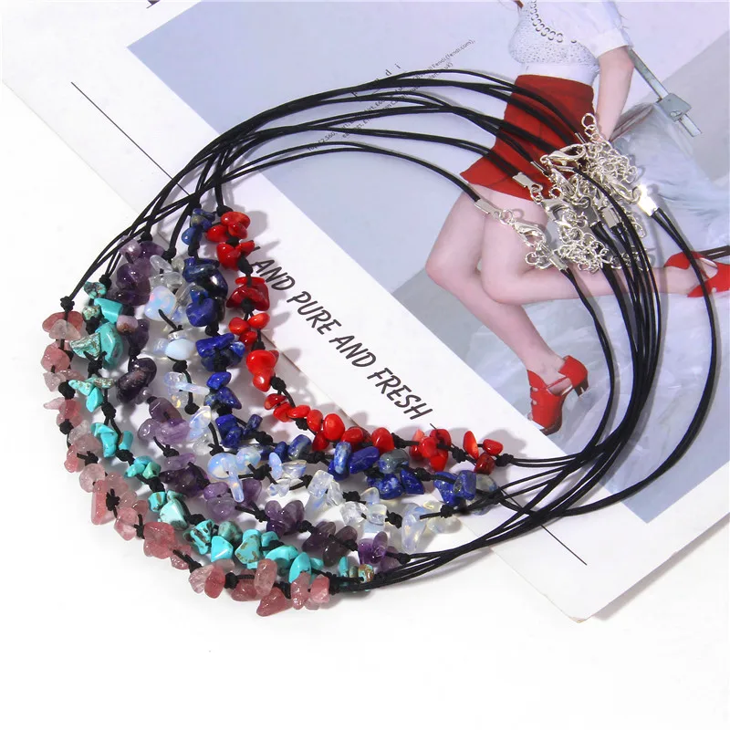 

Bohemia Natural Chip Stone Necklaces For Women Men Turquoises Opal Amethysts Mini Gravel Beads Choker Clavicle Chain Jewelry