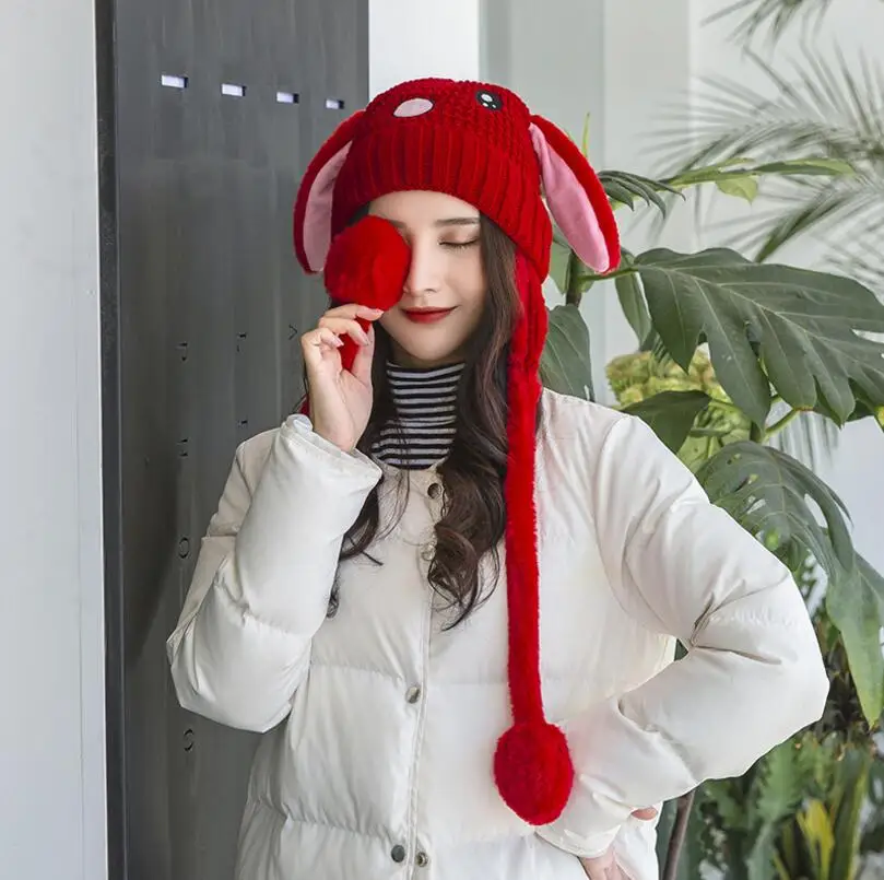 

New long ear rabbit ear knit hat plus velvet thick hat rabbit ear warm hat ear jump performance cap 6 color