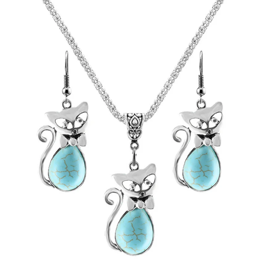 FYJS уникальный посеребренный зеленая бирюза камень кулон ожерелье милые серьги в